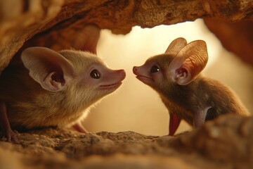 Poster - Two small, cute animals with large ears interact in a warm, natural setting.