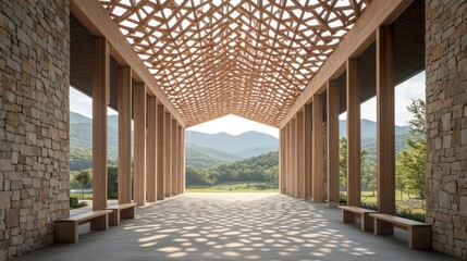 Poster - A spacious architectural structure with a wooden lattice roof and scenic mountain views.