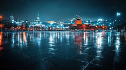 Poster - Night view of a cityscape reflecting on wet pavement, showcasing illuminated buildings.