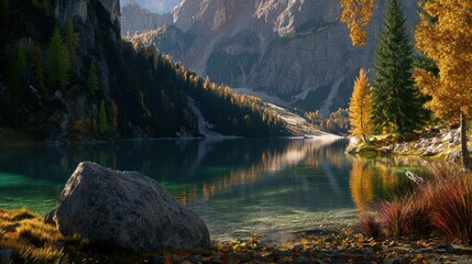 Poster - Serene landscape with a tranquil lake, surrounded by autumn foliage and majestic mountains.