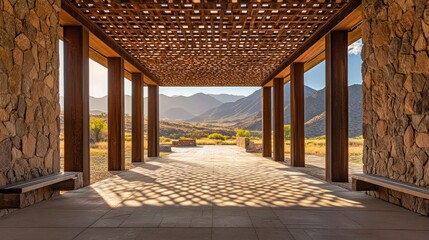 Poster - A serene architectural space with stone columns and a patterned ceiling, overlooking mountains.