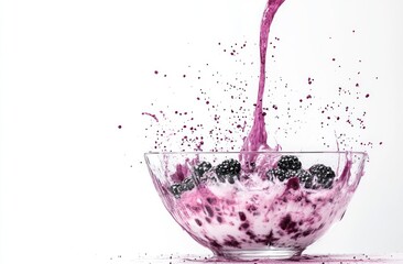 Poster - A splash of berry yogurt with blackberries in a clear bowl, showcasing vibrant colors.