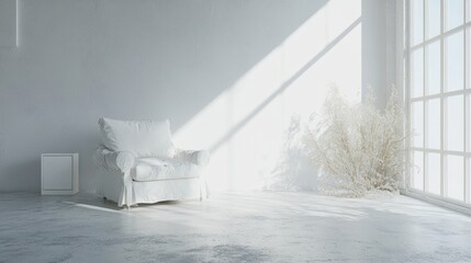 Aufkleber - Bright, minimalist interior featuring a white sofa and dried plants by a large window.