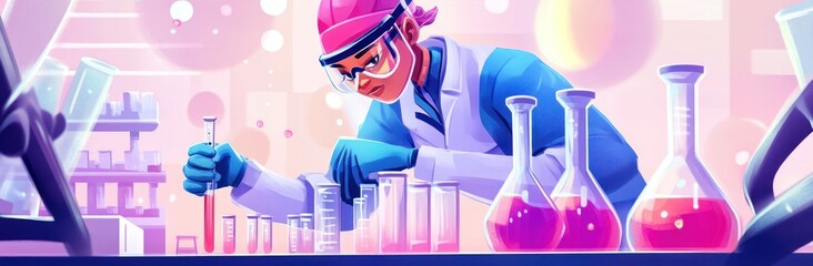 Poster - A scientist conducts experiments in a colorful laboratory filled with glassware.