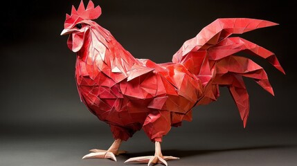 Poster - A vibrant origami rooster crafted from red paper, showcasing intricate geometric folds.