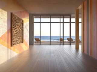 Poster - Modern interior with ocean view, featuring artistic walls and a serene atmosphere.