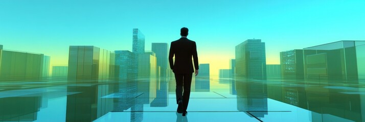 Poster - A silhouetted figure walks towards a futuristic cityscape at dawn, symbolizing ambition and progress.