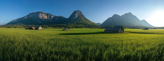Poster - Scenic landscape with mountains and rustic barns in a green field under clear blue skies.