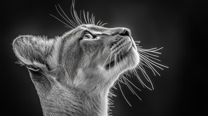 Poster - A monochrome close-up of a lion cub gazing upwards, showcasing its expressive features.