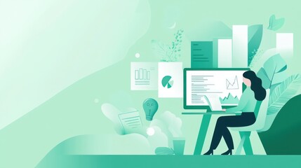 Aufkleber - A woman working on a laptop with data visuals and greenery in a modern workspace.