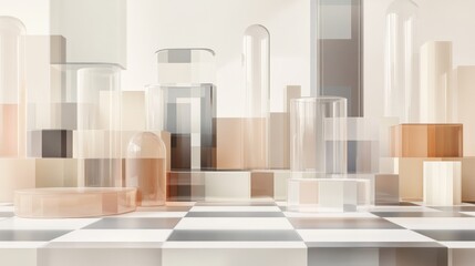 Aufkleber - Abstract composition of translucent geometric shapes on a checkered surface.