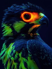 Poster - A vibrant, surreal depiction of a bird with glowing orange eyes against a dark background.