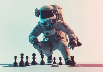 Aufkleber - An astronaut kneels beside a chessboard, contemplating a move in a surreal setting.