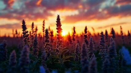 Aufkleber - The sun sets over a blooming flower field, casting a warm glow and creating silhouettes against a colorful evening sky filled with clouds.
