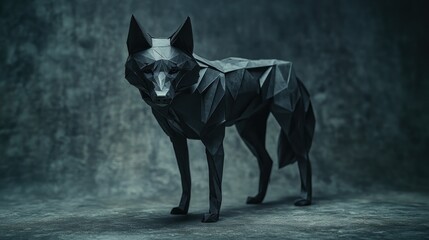 Poster - A black geometric wolf sculpture made of triangular facets, showcasing modern design aesthetics.