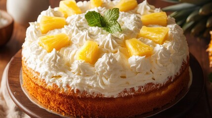 Canvas Print - Delicious whipped cream pineapple cake garnished with fresh pineapple slices and mint leaves on a wooden table setting