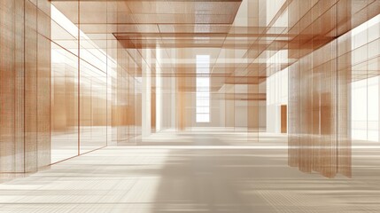 Fototapete - A spacious, abstract interior with layered structures and light filtering through.