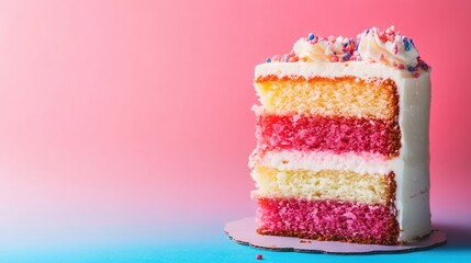 Sticker - Layered rainbow cake with colorful frosting on a vibrant gradient background featuring soft pink and blue hues