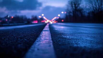 Poster - A wet road stretches into the distance, illuminated by distant lights in twilight.