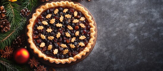 Canvas Print - British Christmas Mincemeat Tart with Shortcrust Pastry and Festive Decorations on Dark Stone Background with Copy Space