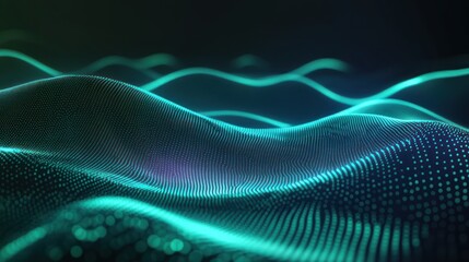 Fototapete - Abstract digital landscape with flowing waves and glowing particles.