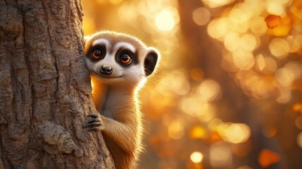 Poster - A cute meerkat peeks around a tree in a warm, autumnal setting.