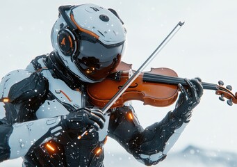Aufkleber - A futuristic robot playing the violin in a snowy landscape.