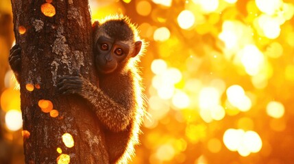 Poster - A young monkey clings to a tree, illuminated by warm sunlight and bokeh effects.
