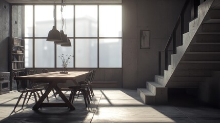 Poster - A modern dining area featuring a wooden table, chairs, and large windows.