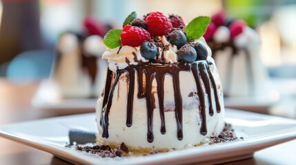 Sticker - Delicious dessert with layered cream, fresh berries, and chocolate drizzle garnished with mint leaves on a decorative plate.