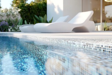 Poster - A serene poolside scene with modern lounge chairs and reflective water tiles.
