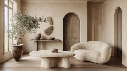 Aufkleber - A serene interior featuring earthy tones, organic shapes, and natural elements.