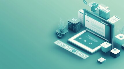 Leinwandbilder - Digital workspace illustration featuring a laptop and various tech elements.