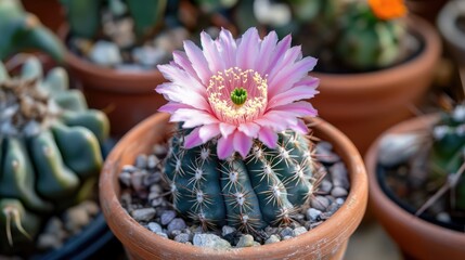 Canvas Print - Cactus in terracotta pot adorned with vibrant pink flower showcasing unique plant decoration and natural beauty in serene garden setting