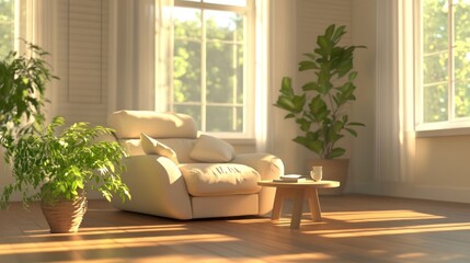Poster - A cozy living space featuring a chair, plant, and coffee table, bathed in natural light.