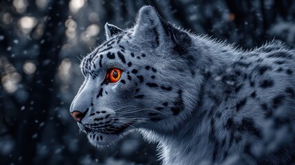 Aufkleber - A close-up of a snow leopard with striking orange eyes in a snowy forest setting.