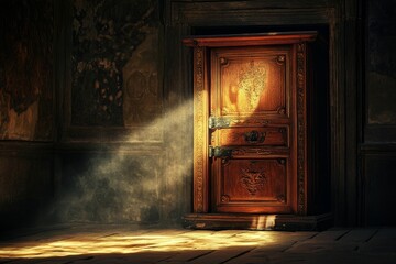 Poster - Ornate wooden door, sunlight beam, aged room.