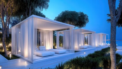 Poster - Modern glass pavilions illuminated at dusk, creating a serene leisure space.