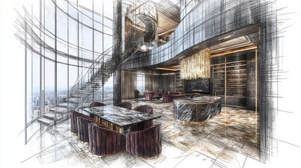 Poster - A modern interior design sketch of a luxurious multi-level space with elegant furnishings.