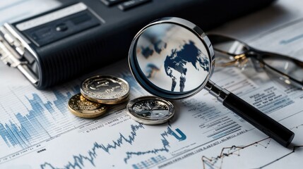 Poster - Detailed financial graphs and charts are examined closely with a magnifying glass to uncover data trends in a professional environment