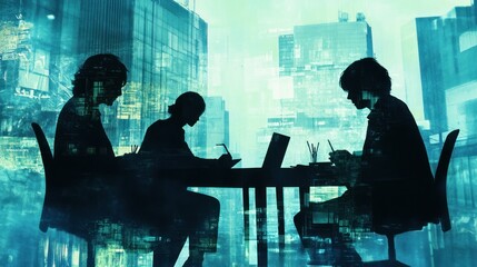 Aufkleber - Silhouettes of individuals in a meeting with a digital cityscape backdrop.