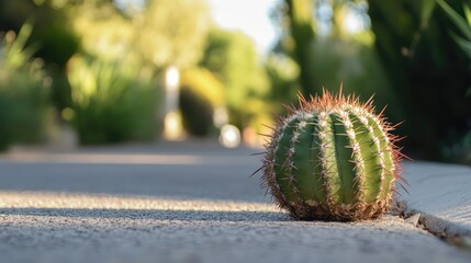 Wall Mural - Cactus plant resting on a sidewalk surrounded by greenery in a sunlit outdoor environment