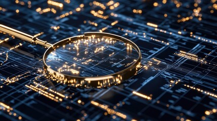 Poster - Detailed financial graphs and charts are examined closely with a magnifying glass to uncover data trends in a professional environment