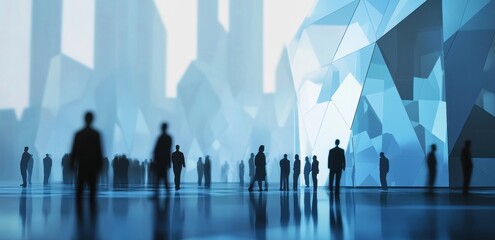 Fototapete - Silhouetted figures in a futuristic, geometric urban landscape.