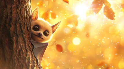 Poster - A whimsical bat peeks out from behind a tree in a sunlit, autumn forest setting.