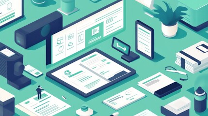 Aufkleber - A digital workspace featuring devices and documents, emphasizing productivity and technology.