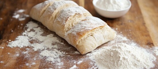 Wall Mural - Freshly baked bread displayed on a wooden surface with scattered flour and a bowl of flour in the background, evoking a rustic kitchen scene.