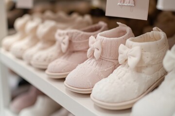 Poster - A display of soft, pastel-colored baby shoes on a shelf, showcasing a delicate design.