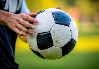 Aufkleber - A person holds a classic black and white soccer ball outdoors, ready for play.