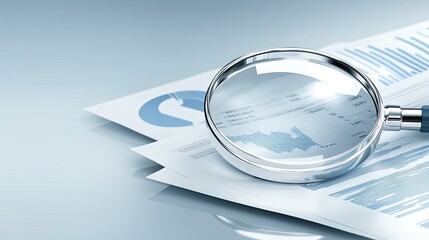 Poster - Detailed financial graphs and charts are examined closely with a magnifying glass to uncover data trends in a professional environment